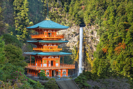 WAKAYAMA, JAPAN - NOVEMBER 19, 2015: Pagoda of Seiganto-ji Temple at Nachi Katsuura  with Nachi no Taki fall, a UNECO world heritage site.のeditorial素材