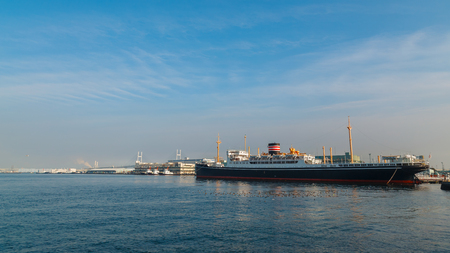 YOKOHAMA, JAPAN - NOVEMBER 24 2015: Hikawa Maru- Japanese ocean liner launched on 30 September 1929, made her maiden voyage from Kobe to Seattle now permanently berthed as a museum shipのeditorial素材