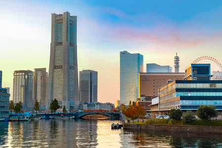 Minatomirai Area With Skyscrapers in the Evening                                                         YOKOHAMA, JAPAN - NOVEMBER 24 2015: Minato Mirai 21 is a seaside urban area in central Yokohama whose name means "Harbor of the Future"のeditorial素材