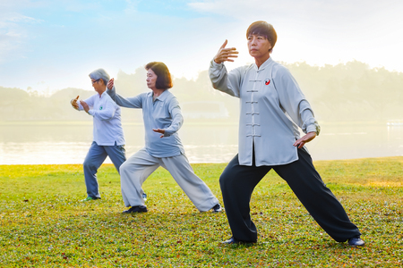BANGKOK, THAILAND - FEBRUARY 13, 2016: Unidentified group of people practice Tai Chi Chuan in a parkのeditorial素材