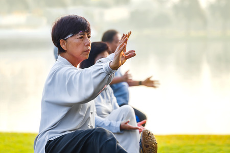 BANGKOK, THAILAND - FEBRUARY 13, 2016: Unidentified group of people practice Tai Chi Chuan in a parkのeditorial素材