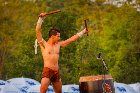 BANGKOK, THAILAND - FEBUARY 20: Unidentified Thai boxers perform a thai boxing dance in the celebration of the relation ship of Thailand and Republic of China in Lunar New Year festivalのeditorial素材
