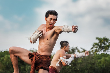 BANGKOK, THAILAND - FEBUARY 20: Unidentified Thai boxers perform a thai boxing dance in the celebration of the relation ship of Thailand and Republic of China in Lunar New Year festivalのeditorial素材
