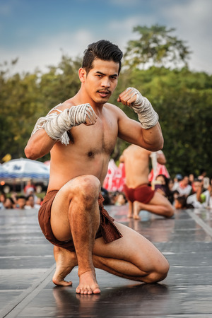 BANGKOK, THAILAND - FEBUARY 20: Unidentified Thai boxers perform a thai boxing dance in the celebration of the relation ship of Thailand and Republic of China in Lunar New Year festivalのeditorial素材