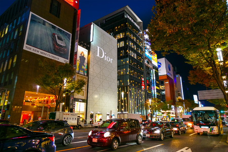 TOKYO, JAPAN - NOVEMBER 28 2015: The Ginza is the Tokyo's most famous upmarket shopping, dining and entertainment district featuring numerous department stores, boutique, art galleries, restaurants and cafeのeditorial素材
