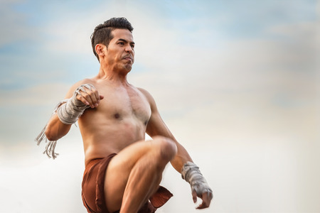 BANGKOK, THAILAND - FEBUARY 20: Unidentified Thai boxers perform a thai boxing dance in the celebration of the relation ship of Thailand and Republic of China in Lunar New Year festivalのeditorial素材