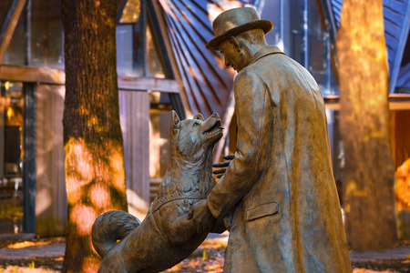 TOKYO, JAPAN - NOVEMBER 28 2015: Hachiko with Dr. Hidesaburo Ueno statue at Tokyo University, Todai campus, the dog is remarkable loyalty to his owner which continued for ten years after his owner's deathのeditorial素材