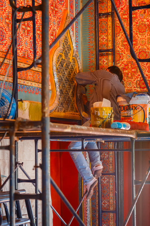 Bangkok, Thailand - December 30 2015: Unidentified worker restoring the interior of the Dusit Maha Prasat Throne Hall at the grand palace of Thailandのeditorial素材