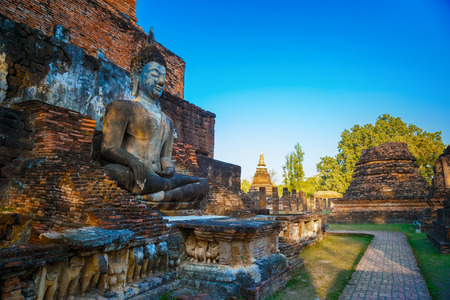Wat Mahathat Temple at Sukhothai Historical Park, a UNESCO World Heritage Site in Thailandの写真素材