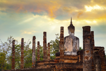 Wat Mahathat Temple at Sukhothai Historical Park, a UNESCO World Heritage Site in Thailandの写真素材