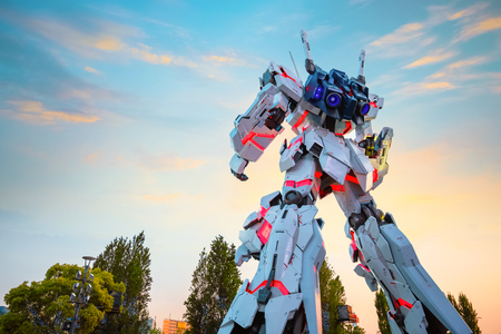 TOKYO, JAPAN - APRIL 20 2018: Full-size Mobile suit  RX-0 Unicorn Gundam replica from the Mobile Suit Gundam Unicorn series at  Diver City Tokyo Plaza - a Shopping mall in Odaiba areaのeditorial素材