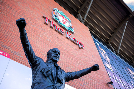 LIVERPOOL, UK - MAY 17 2018: Statue of Bill Shankly in front of Anfield. He's the manager who brings...
