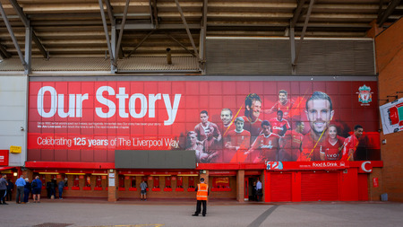 LIVERPOOL, UK - MAY 17 2018: Anfield stadium, the home ground of Liverpool FC which has a seating...