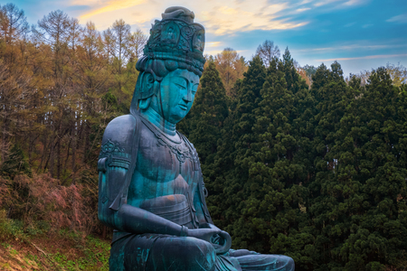 The Big Buddha at Seiryuji Temple in Aomori Prefecture. AOMORI, JAPAN - APRIL 24 2018: The big Buddha at Seiryuji temple completed in 1984, the bronze Buddha with meditation posture is totally 21.35 meters tallのeditorial素材