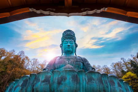 The Big Buddha at Seiryuji Temple in Aomori Prefecture. AOMORI, JAPAN - APRIL 24 2018: The big Buddha at Seiryuji temple completed in 1984, the bronze Buddha with meditation posture is totally 21.35 meters tallのeditorial素材