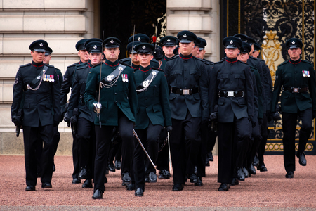 LONDON, UK - MAY 13 2018: The changing of the guard at Buckingham Palace - is a formal ceremony in...