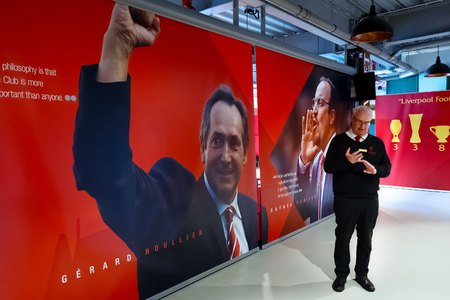 LIVERPOOL, UNITED KINGDOM - MAY 17 2018: LFC staffs and a group of its football fans take a tour in Anfield stadium, the home ground of Liverpool football clubのeditorial素材