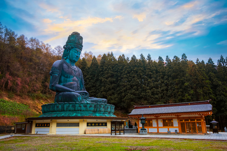 The Big Buddha at Seiryuji Temple in Aomori Prefecture. AOMORI, JAPAN - APRIL 24 2018: The big Buddha at Seiryuji temple completed in 1984, the bronze Buddha with meditation posture is totally 21.35 meters tallのeditorial素材