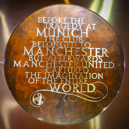 MANCHESTER, UK - MAY 19 2018: A plaque at Old Trafford in memory of the Munich air disaster in 1958 installed on the side og Old Trafforf stadiumのeditorial素材