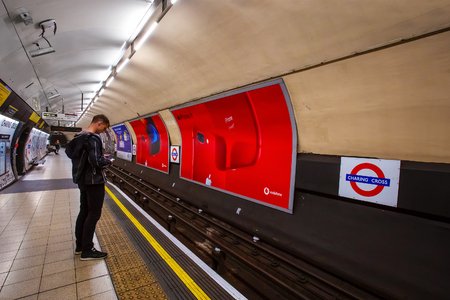 London, UK - May 13 2018: Unidentified people travel through underground train network in London London, UK - May 13 2018: Unidentified people travel through underground train network in London