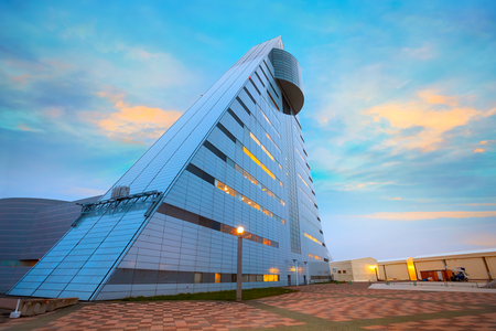 Aomori, Japan - April 23 2018: ASPAM is a triangle-shaped building after the image of the letter âAâ from Aomori,  76-meter tall with 15 floors, it's the central information facility about Aomoriのeditorial素材