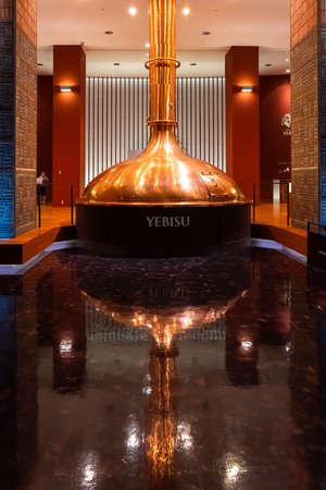 Tokyo, Japan - April 26 2018: The Museum of Yebisu Beer opened in 2010, celebrating 120 years of the brand, the museum houses collection of photos, old advertising boards, videos and historic bottles of Yebisuのeditorial素材