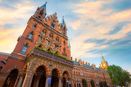 London, UK - May 14 2018: St Pancras station is a central London railway terminus. It is the terminal station for Eurostar continental services from London to France, Belgium and Netherlands London, UK - May 14 2018: St Pancras station is a central London railway terminus. It is the terminal station for Eurostar continental services from London to France, Belgium and Netherlands
