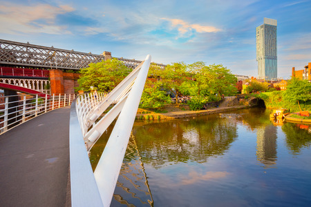 Castlefield, the inner city conservation area which  bounded by the River Irwell, Quay St., Deansgate and the Chester Rd. in Manchester, UK Manchester, UK - May 18 2018: Castlefield is an inner city conservation which was the site of the Roman era fort ofのeditorial素材