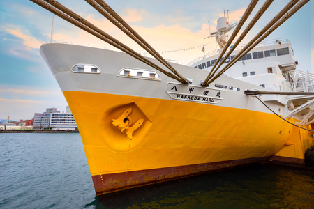 Aomori, Japan - April 23 2018: Hakkoda-Maru built in 1964, was a transport ship that carried trains from Aomori to Hakodate, now it's transformed into a memorial ship permanently docked at Aomori Cityのeditorial素材