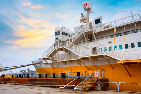 Aomori, Japan - April 23 2018: Hakkoda-Maru built in 1964, was a transport ship that carried trains from Aomori to Hakodate, now it's transformed into a memorial ship permanently docked at Aomori Cityのeditorial素材