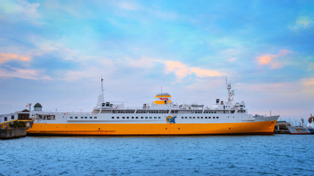 Aomori, Japan - April 23 2018: Hakkoda-Maru built in 1964, was a transport ship that carried trains from Aomori to Hakodate, now it's transformed into a memorial ship permanently docked at Aomori Cityのeditorial素材