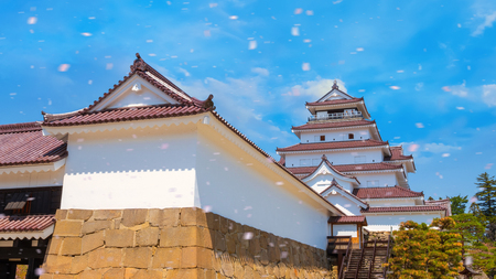Aizuwakamatsu Castle and cherry blossom in Fukushima, Japanのeditorial素材