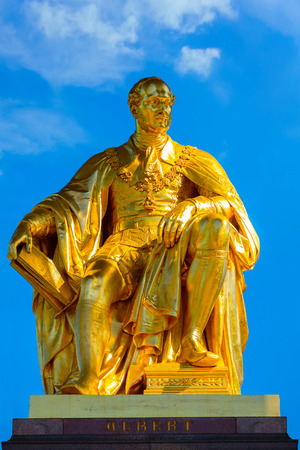 London, UK - May 14 2018: The Albert Memorial
was commissioned by Queen Victoria in memory of  Prince Albert, who died in 1861. It's designed by Sir George Gilbert Scott in the Gothic Revival styleのeditorial素材