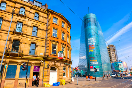 Manchester, UK - May 18 2018: The National Football Museum is The world's biggest and best football museum, originally based in Deepdale, Preston, Lancashire and moved here in 2012のeditorial素材