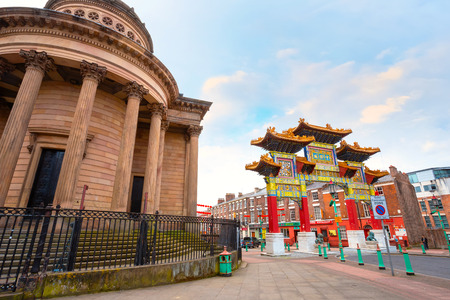 Liverpool, UK - May 16 2018: Chinatown is the oldest Chinese community in Europe, located in south of the city centre withChinese arch on Nelson Street, the largest, multiple-span arch outside Chinaのeditorial素材