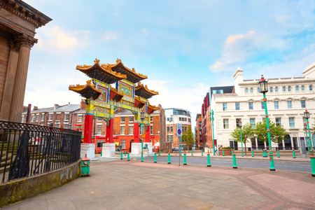 Liverpool, UK - May 16 2018: Chinatown is the oldest Chinese community in Europe, located in south of the city centre withChinese arch on Nelson Street, the largest, multiple-span arch outside Chinaのeditorial素材