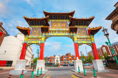 Liverpool, UK - May 16 2018: Chinatown is the oldest Chinese community in Europe, located in south of the city centre withChinese arch on Nelson Street, the largest, multiple-span arch outside Chinaのeditorial素材