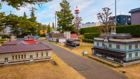 Hirosaki, Japan - April 23 2018: Miniature Hirosaki old town in European western architecture behind the Former City Library at The Otemon Squareのeditorial素材