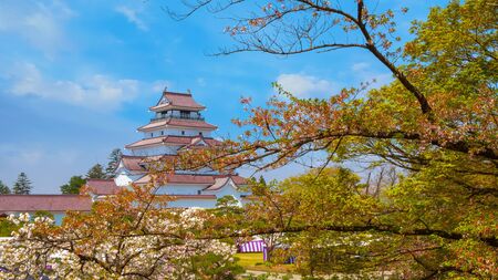 Aizuwakamatsu Castle and cherry blossom in Fukushima, Japan Aizuwakamatsu , Japan - April 21 2018: Aizu-Wakamatsu Castle and cherry blossom built by Ashina Naomori in 1384, Tenshu, the largest tower was reconstructed in 1965 in concreteのeditorial素材