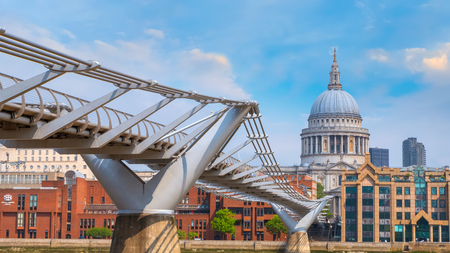 London, UK - May 23 2018: View of St Paul's Cathedral with people crossing the Millenium Bridge (London Millennium Footbridge)のeditorial素材