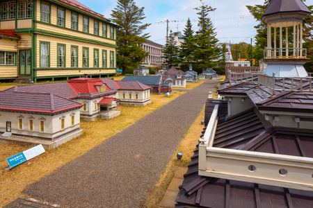 Hirosaki, Japan - April 23 2018: Miniature Hirosaki old town in European western architecture behind the Former City Library at The Otemon Squareのeditorial素材