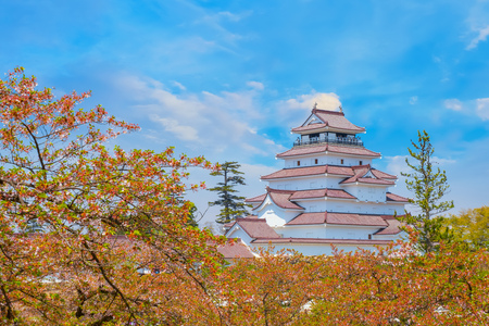 Aizuwakamatsu Castle and cherry blossom in Fukushima, Japan Aizuwakamatsu , Japan - April 21 2018: Aizu-Wakamatsu Castle and cherry blossom built by Ashina Naomori in 1384, Tenshu, the largest tower was reconstructed in 1965 in concreteのeditorial素材