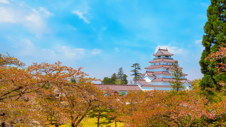 Aizuwakamatsu Castle and cherry blossom in Fukushima, Japan Aizuwakamatsu , Japan - April 21 2018: Aizu-Wakamatsu Castle and cherry blossom built by Ashina Naomori in 1384, Tenshu, the largest tower was reconstructed in 1965 in concreteのeditorial素材