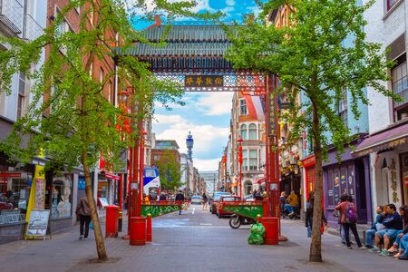 London, UK - May 13 2018: London Chinatown at Gerrard Street contains a number of Chinese restaurants, bakeries, supermarkets, souvenir shops, and other Chinese-run businessesのeditorial素材