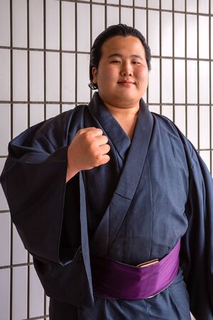 Tokyo, Japan - April 25 2018: Young Japanese Sumo wrestler at Ryogoku Kokugikan (Ryogoku Sumo Hall)のeditorial素材