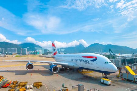 Hong Kong - April 30 2018:  Jet flights dock in Hong Kong International Airport where it's the world's busiest cargo gateway and one of the world's busiest passenger airportsのeditorial素材
