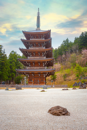 Aomori, Japan - April 24 2018: Five storied pagoda at Seiryu-ji Buddhist temple, founded by Ryuko Oda in 1982, home to largest seated bronze Buddha statue, Showa Daibutsu, in Japanのeditorial素材