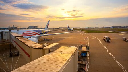 London, UK - May 23 2018: Jet flights dock in Heathrow Airport,  the second busiest airport in the world (after Dubai International Airport) by international passenger trafficのeditorial素材
