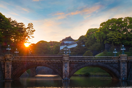 Tokyo, Japan - April 28 2018: Nijubashi bridge in front of Tokyo Imperial palace is one of the most well-known bridge in japan, the older bridge was a wood bridge and it's rebuilt as a stone bridge in 1964のeditorial素材