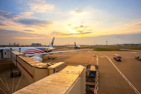 London, UK - May 23 2018: Jet flights dock in Heathrow Airport,  the second busiest airport in the world (after Dubai International Airport) by international passenger trafficのeditorial素材